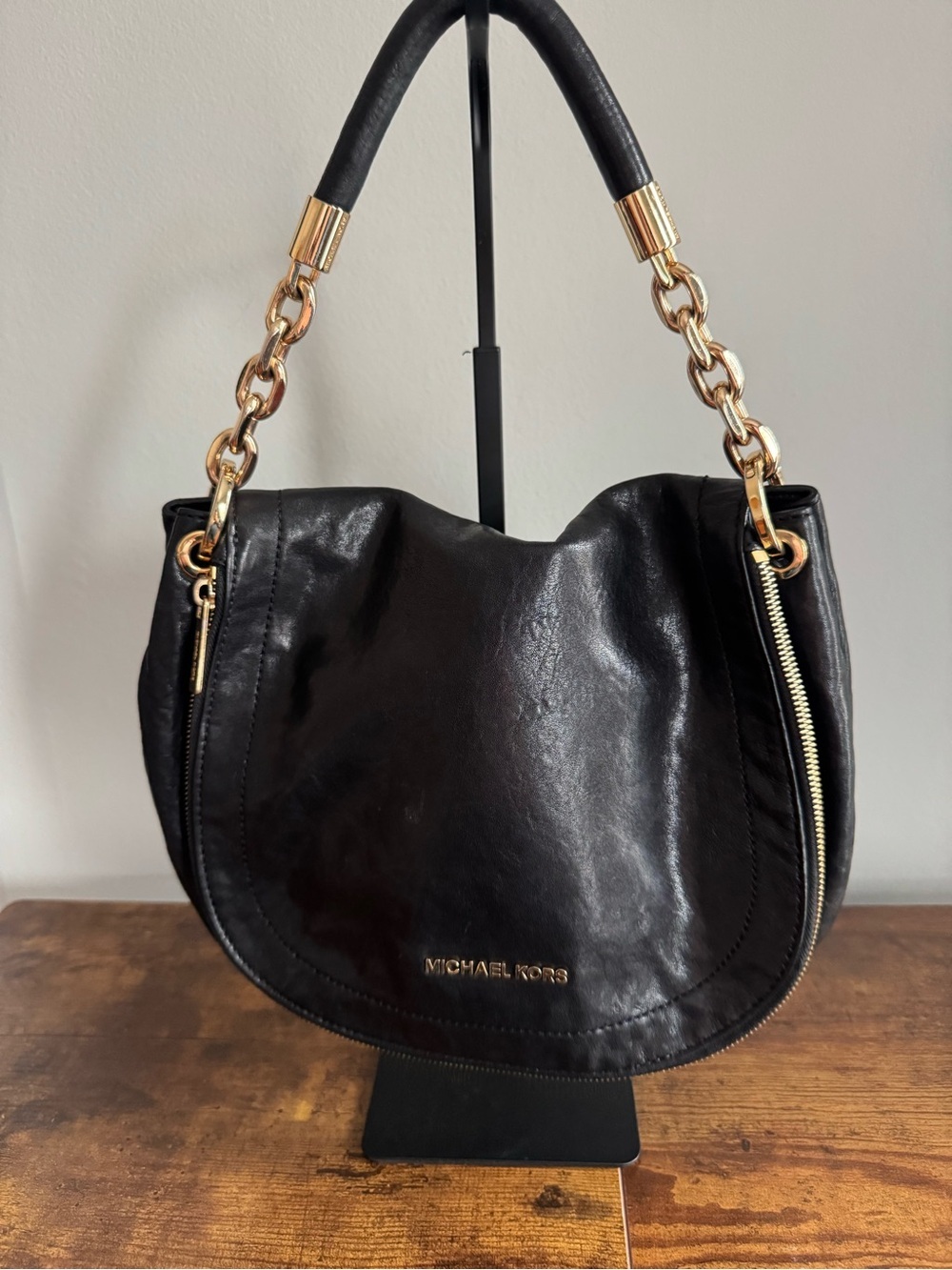 Michael Kors Black Leather Hobo Shoulder Bag with Gold Hardware